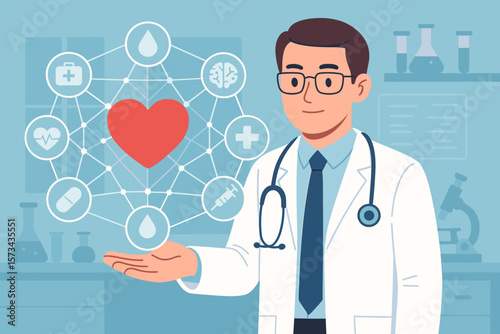 Medical Doctor with Stethoscope Holding Red Heart, Healthcare Network Icons, Laboratory Background, Modern Medical Technology, Health Concept, Virtual Interface, Connected Medicine