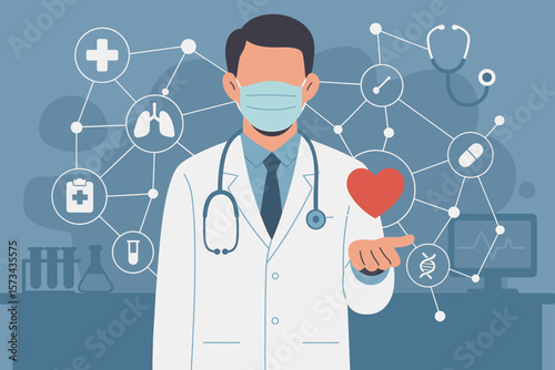 Medical doctor holding red heart shape with futuristic medical network connection and virtual interface in modern laboratory, healthcare technology, cardiology innovation concept