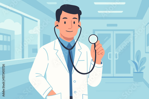 Medicine doctor with stethoscope in hand on hospital background, healthcare professional, modern medical technology, healthcare and medical concept, flat vector cartoon illustration