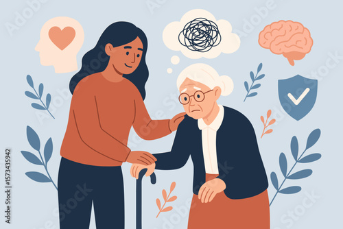Mental health and elderly care concept, senior support, psychological wellbeing, healthcare for older adults, flat vector cartoon illustration, compassion and therapy