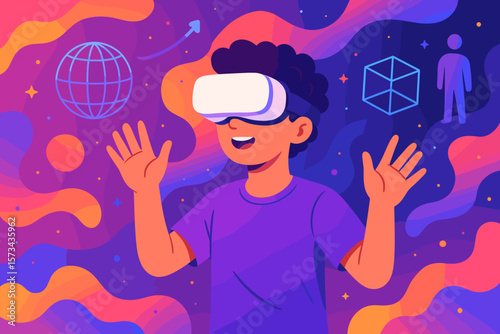 Metaverse technology concepts with teenager wearing VR virtual reality goggles, immersive digital experiences in virtual world simulation on vibrant colorful background, innovation