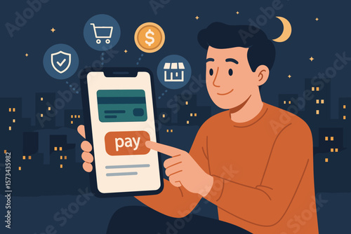 Mobile Payment Concept, Man Using Smartphone for Online Shopping with Digital Icons on Dark Background, Modern Flat Vector Cartoon Illustration for E-Commerce and Technology