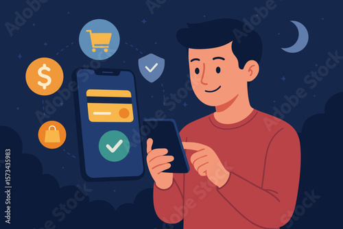 Mobile payment concept with man using smartphone for online shopping, digital wallet, contactless transaction icons, night background, modern flat vector cartoon illustration