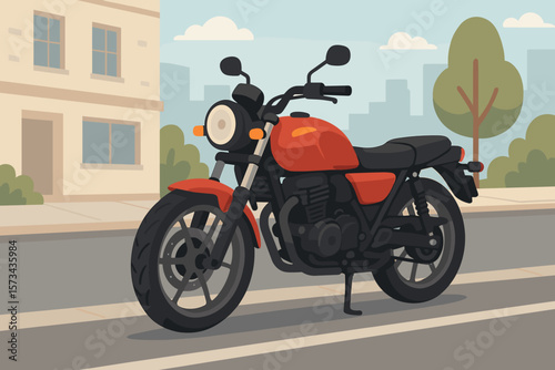 Red motorcycle parked on a city street. Urban transport vehicle concept. Modern flat vector cartoon illustration of a classic motorbike in a cityscape with buildings.