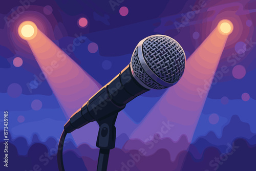 Microphone on Concert Stage with Colorful Spotlights, Crowd Silhouette, Modern Vector Illustration, Live Music Performance, Stand-Up Comedy, Entertainment Event, Night Show, No Text
