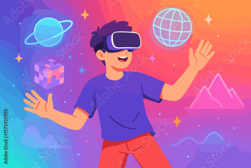 Teenager Using VR Virtual Reality Goggles Experiencing Metaverse Technology Concepts, Immersive Digital World Simulation, 3D Visualization on Colorful Futuristic Background