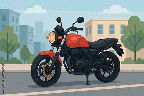 Red motorcycle parked on a city street. Modern motorbike vehicle side view. Urban transport concept. Flat vector cartoon illustration for transportation or lifestyle design.
