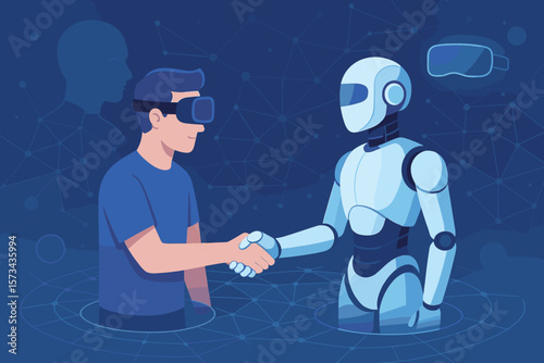 Metaverse Technology Connection Between Human and Robot on Network, Virtual Reality and Augmented Reality Simulation, Technological Transition, Digital Visualization, Futuristic Interface