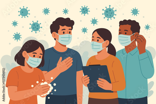 Virus Pandemic Prevention, Public Health Awareness, Hand Hygiene, Face Mask, Social Distancing, Healthcare Education, People, Modern Flat Vector Illustration