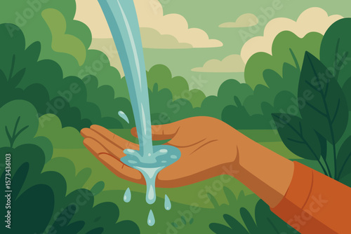 Save water concept. Water pouring in hand. Environment issues. Ecology care. Fresh drinkable resource. Nature conservation. Sustainability. Purity and life. Vector illustration.