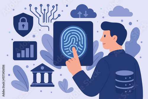 Future Technology Security Concept with Fingerprint Scan for Cybernetic Access, Business Identification, Big Data Protection, Banking Safety, and Cloud Computing Security