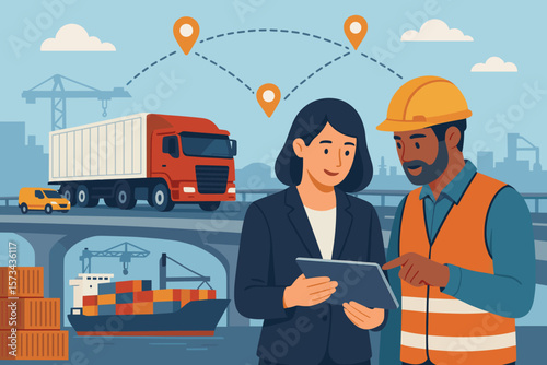 Logistics and Transportation Management Concept. Manager and Engineer Analyzing Supply Chain Distribution, Import Export Network, Freight Shipping, Route Planning on Tablet, Industrial Infrastructure