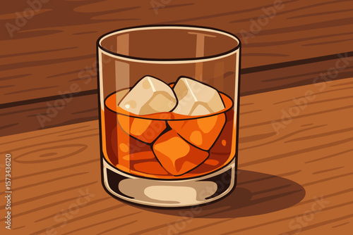 Whiskey in glass with ice cubes on wooden table background. Bourbon drink concept. Alcohol, beverage in a tumbler, on the rocks. Scotch, liquor, spirit cartoon illustration.