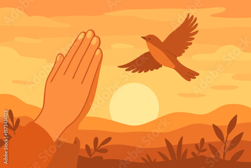 Woman hands praying and releasing a free bird into nature at sunset. Concept of hope, faith, freedom, spirituality, letting go, new beginnings, peace, and mental health.