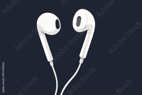 White wired earphones on dark background. Modern flat vector illustration. Music listening concept. Audio gadget accessory for podcast and sound. Digital portable technology device.