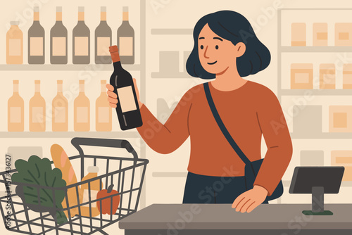 Woman buying wine in a supermarket. Customer choosing an alcohol bottle in a grocery store. Shopper at the checkout counter with a basket of food. Retail vector concept.