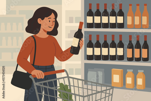 Woman choosing wine in a supermarket. Female customer with a shopping cart buying alcohol. Person selects a product from a retail shelf. Consumer lifestyle vector illustration.
