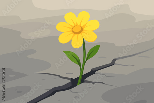Hope and resilience concept. Yellow flower growing from a crack in concrete asphalt. Symbol of strength, survival, new life and overcoming adversity. Motivation vector cartoon.