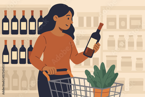 Woman choosing a wine bottle in a supermarket aisle. Female customer shopping for alcohol in a grocery store. Consumer making a purchase decision. Flat vector illustration.