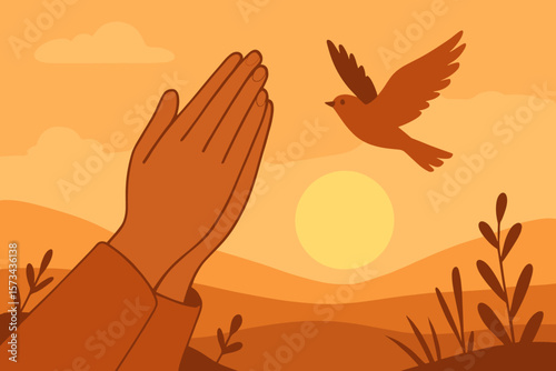 Hands in prayer with a free bird flying over a sunset landscape. Hope, faith, freedom, spirituality, gratitude concept. Woman praying for peace and new beginnings. Worship.