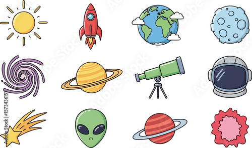 Cartoon space elements vector illustration sun rocket earth moon and planets