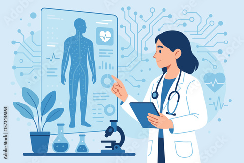 Female doctor using digital medical technology for patient diagnosis. Modern healthcare innovation, electronic health records, medical research, laboratory analysis, science concept