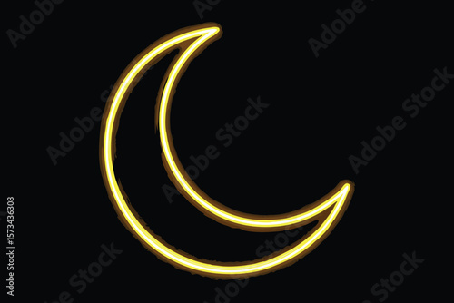 Glowing Neon Yellow Crescent Moon Icon Bright Golden Lunar Symbol Light Sign Graphic Element on Black Background