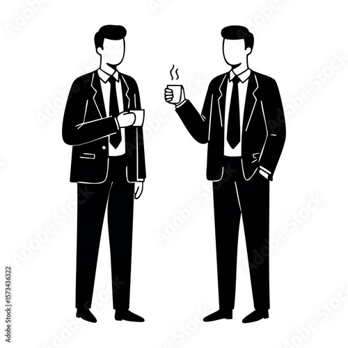 Two caucasian male adults in business attire enjoying coffee break in conversation. Vector hand-drawn doodle illustration