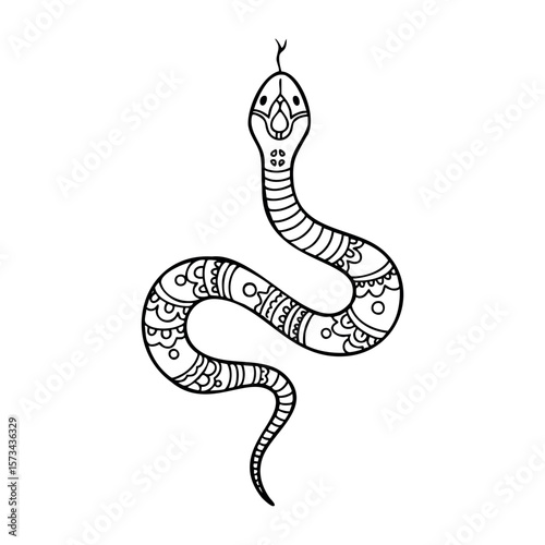 Intricate snake drawing with geometric patterns and designs. Vector hand-drawn doodle illustration