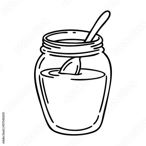 Jar of honey and spoon line drawing. Vector hand-drawn doodle illustration