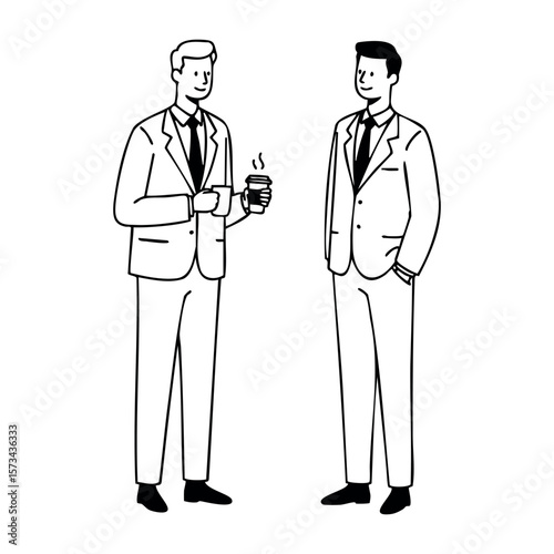 Asian and caucasian male professionals chatting with coffee in hand. Vector hand-drawn doodle illustration