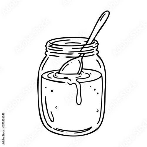 Jar of honey with spoon illustration in black and white line art. Vector hand-drawn doodle illustration