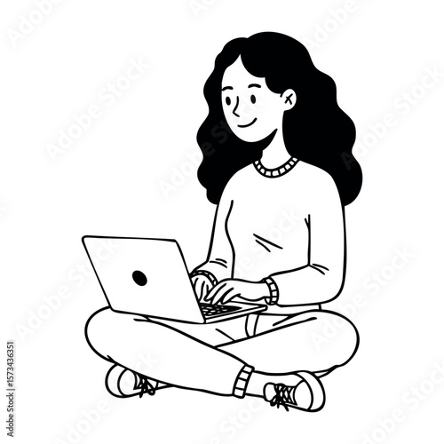 Cartoon illustration of young hispanic female using laptop. Vector hand-drawn doodle illustration