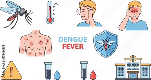 Dengue fever symptoms prevention and treatment information illustration set