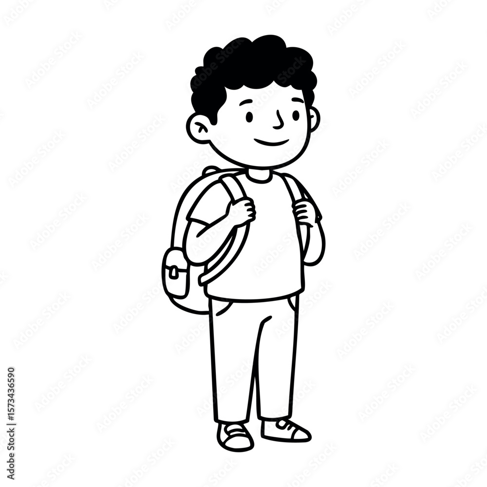 Happy young male child with backpack illustration. Vector hand-drawn doodle illustration Happy young male child with backpack illustration. Vector hand-drawn doodle illustration