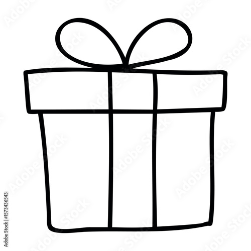 Simple gift box with ribbon outline drawing for celebrations and events. Vector hand-drawn doodle illustration
