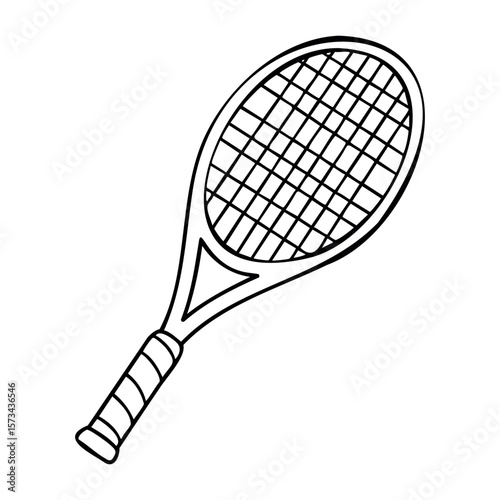 Simple line drawing of a tennis racket on white background. Vector hand-drawn doodle illustration