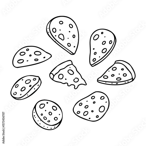 Assortment of pizza slices with toppings in a circular arrangement. Vector hand-drawn doodle illustration