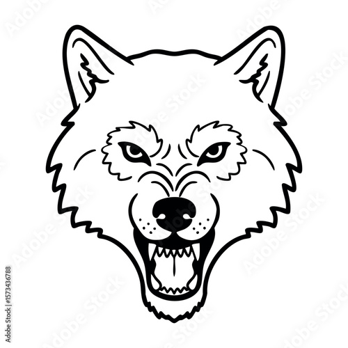 Fierce snarling wolf head illustration with piercing eyes and sharp teeth. Vector hand-drawn doodle illustration