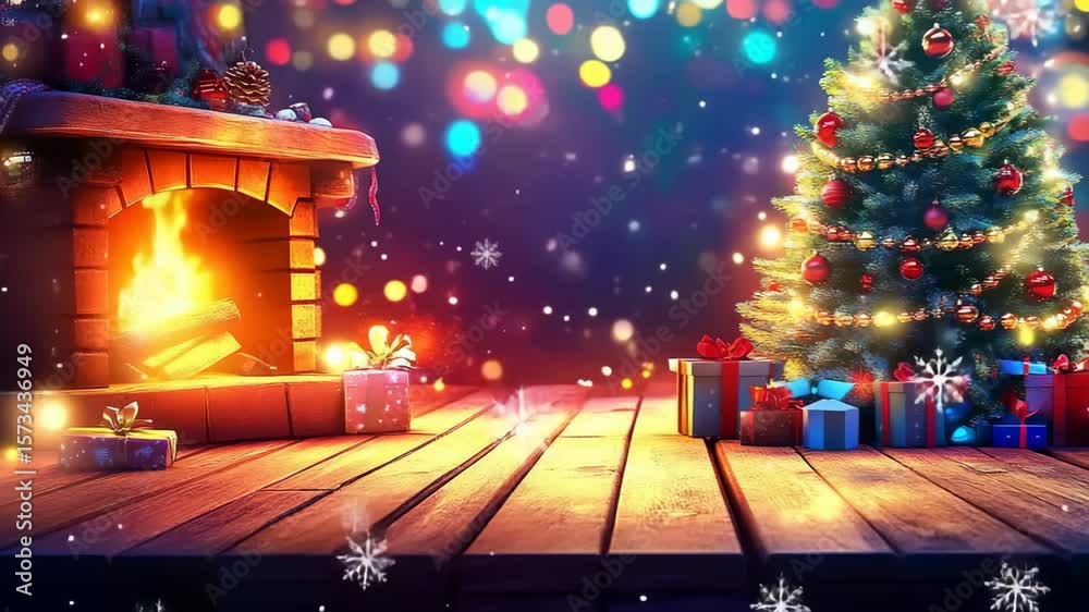 A cozy Christmas scene with a decorated tree, colorful lights, a fireplace, and wrapped gifts on a wooden floor.