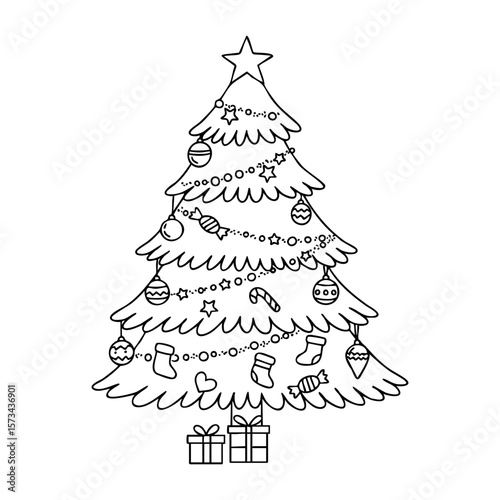 Christmas tree coloring page with decorations and gifts. Vector hand-drawn doodle illustration