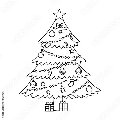 Decorated christmas tree outline with ornaments and gifts. Vector hand-drawn doodle illustration