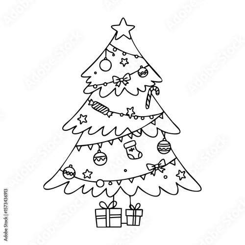 Festive christmas tree with ornaments and gifts. Vector hand-drawn doodle illustration