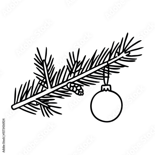 Simple christmas tree branch with bauble and pine cone line art. Vector hand-drawn doodle illustration