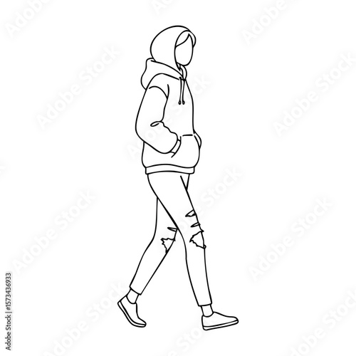 Young female outline in hoodie and ripped jeans walking. Vector hand-drawn doodle illustration