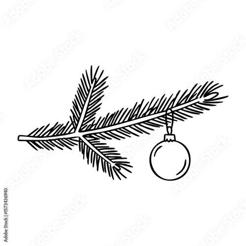 Minimalistic christmas tree branch with ornament line art illustration. Vector hand-drawn doodle illustration