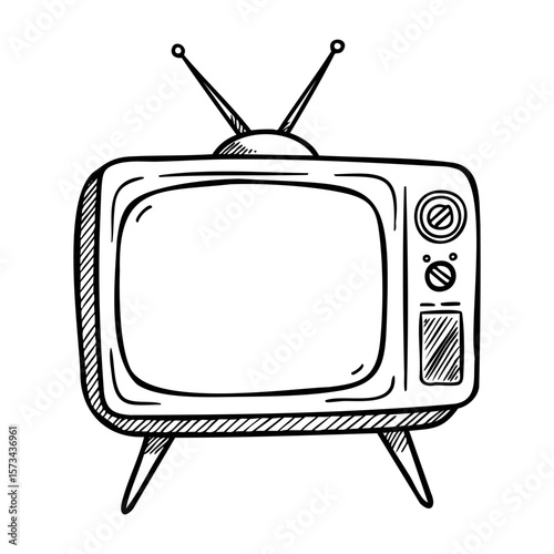 Retro television set with antennas and knobs illustration. Vector hand-drawn doodle illustration