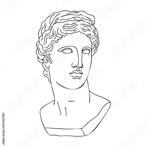 Line art of classical greek statue bust with wavy hair. Vector hand-drawn doodle illustration