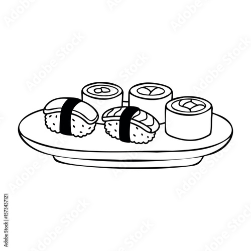 Illustration of sushi platter featuring nigiri and maki rolls. Vector hand-drawn doodle illustration