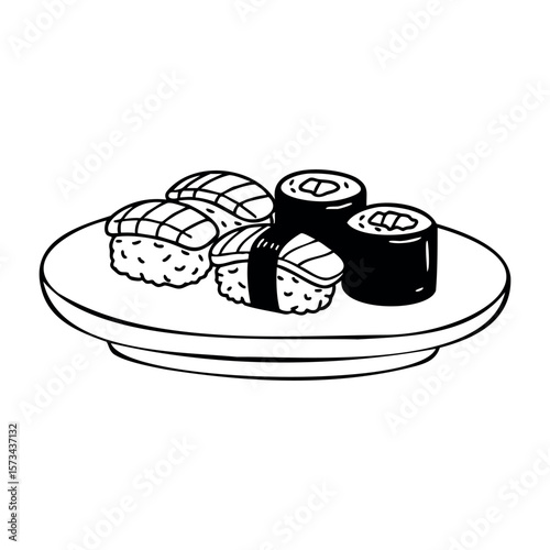 Plate of assorted sushi rolls and nigiri on a dish. Vector hand-drawn doodle illustration